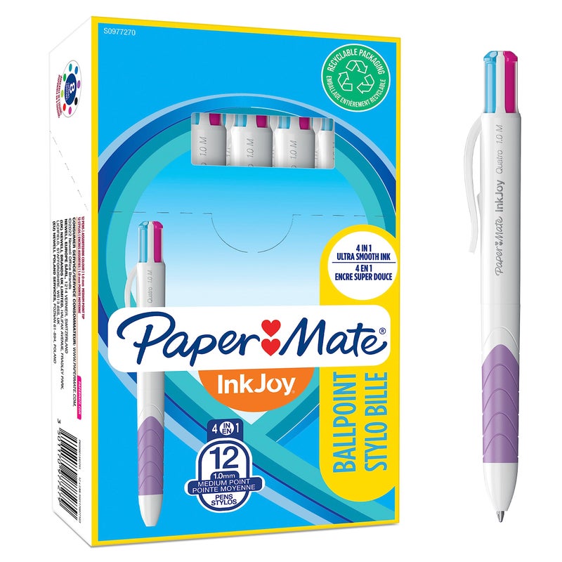 Paper Mate InkJoy Quatro 4-Colour Ballpoint Pen | Assorted Fun Colours | Medium Point (1.0mm) | 12 Count - Image 1